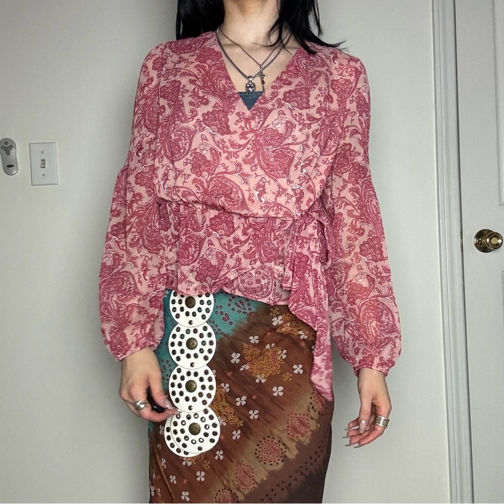 Express Paisley Wrap Front Tie Light Pink Top XS